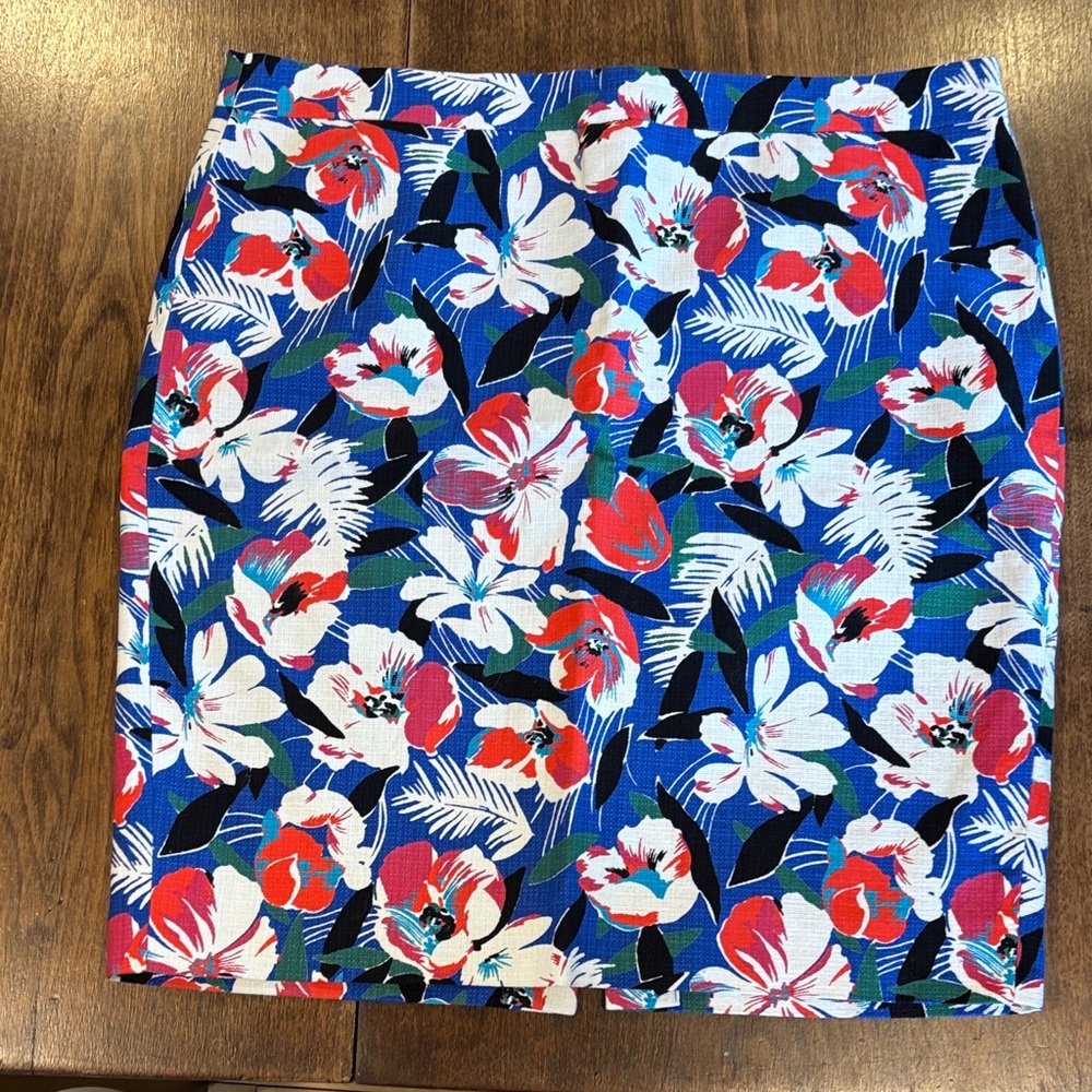 J. Crew Blue Floral Pencil Skirt with Red & White Blooms